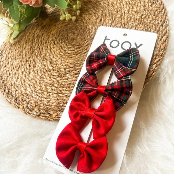 Ekose Desenli ve Kırmızı Renk Kurdeleli Kız Çocuk Bebek Toka Seti