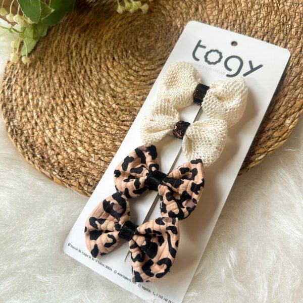 Leopar Desenli Ve Krem Hasır Dokulu Kız Çocuk Bebek Toka Seti