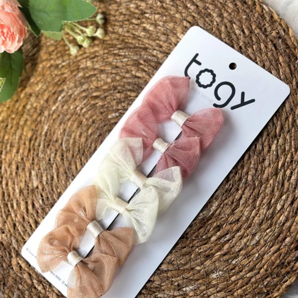 Pembe,Ekru Ve Kahverengi Tül Kız Çocuk Bebek Toka Seti