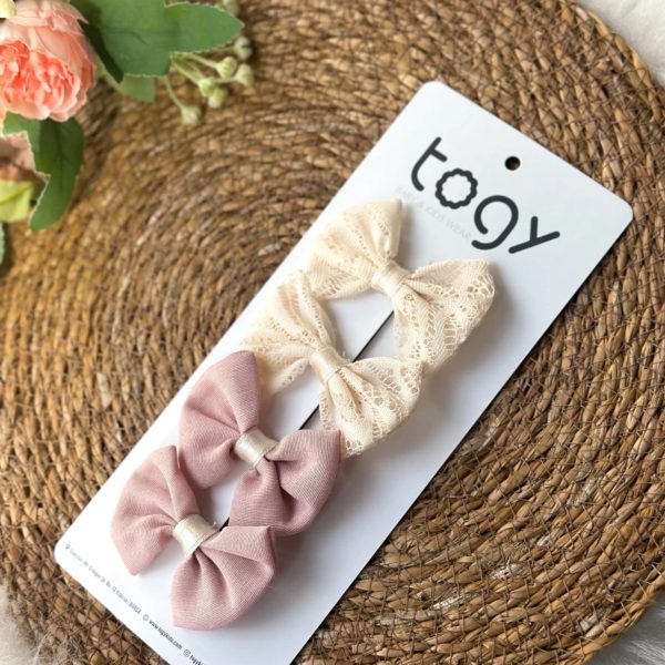 Ekru Dantel Desenli Ve Pudra Kız Çocuk Bebek Toka Seti