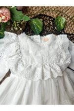 ASTER Beyaz Uzun Kollu Dantel Detaylı Etekli Kız Çocuk Bebek Özel Gün Bayramlık Elbise - Görsel 3