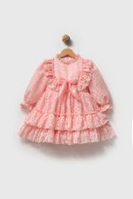 CLEO Kız Çocuk Pembe,Ekru,Kırmızı Dantel Detaylı Uzun Kollu Özel Gün Bayramlık Elbise - Görsel 4