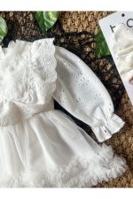 ASTER Beyaz Uzun Kollu Dantel Detaylı Etekli Kız Çocuk Bebek Özel Gün Bayramlık Elbise - Görsel 5