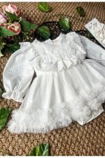 ASTER Beyaz Uzun Kollu Dantel Detaylı Etekli Kız Çocuk Bebek Özel Gün Bayramlık Elbise - Görsel 6