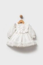 ASTER Beyaz Uzun Kollu Dantel Detaylı Etekli Kız Çocuk Bebek Özel Gün Bayramlık Elbise - Görsel 2