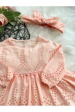 SIENNA Kız Bebek Somon Rengi Brode Nakışlı Fisto Elbise ve Bandana Takımı - Görsel 5