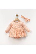 SIENNA Kız Bebek Somon Rengi Brode Nakışlı Fisto Elbise ve Bandana Takımı - Görsel 3