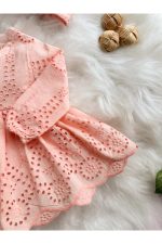 SIENNA Kız Bebek Somon Rengi Brode Nakışlı Fisto Elbise ve Bandana Takımı - Görsel 6