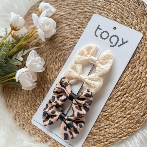 Krem Dantel Ve Leopar Desenli Fiyonk Kız Çocuk Bebek Toka Seti