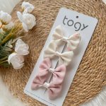 Ekru Çiçek Desenli Ve Pudra Fiyonk Kız Çocuk bebek Toka Seti