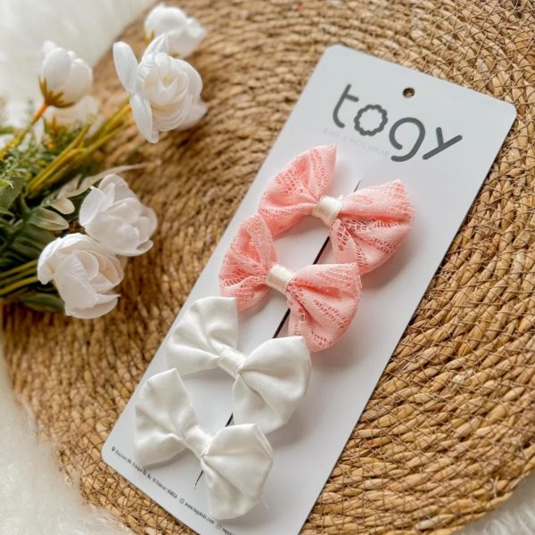 Pembe Dantel Ve Beyaz Fiyonk Kız Çocuk Bebek Toka Seti