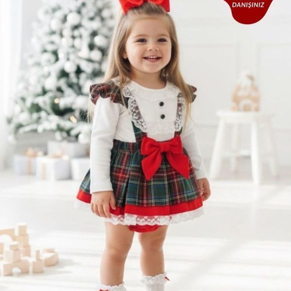 AYLA Ekose Desenli Yılbaşı Kız Bebek Elbise