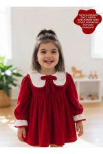 VALERY Kız Bebek Kırmızı Kadife Uzun Kollu Özel Gün Bayramlık Elbise