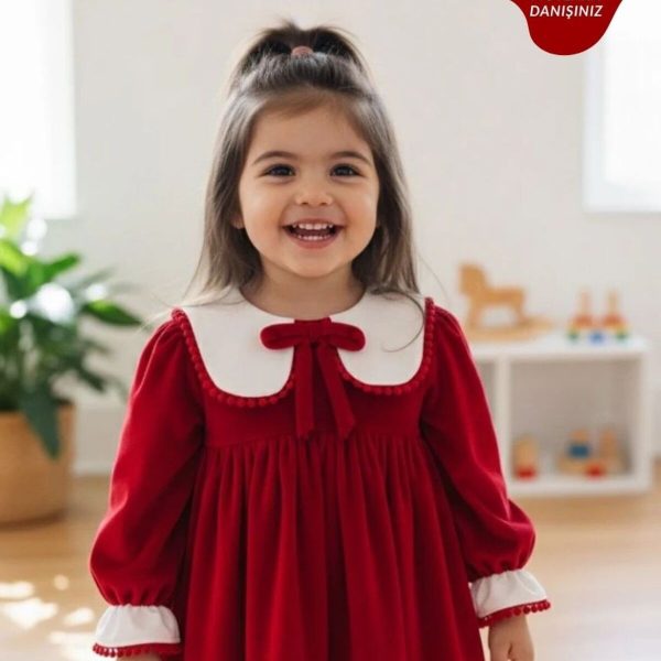 VALERY Kız Bebek Kırmızı Kadife Uzun Kollu Özel Gün Bayramlık Elbise