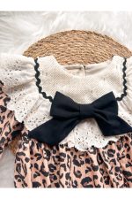 AMELIA Leopar Desenli Dantel Yaka Detaylı Fiyonklu Kız Bebek Çocuk Romper - Görsel 3