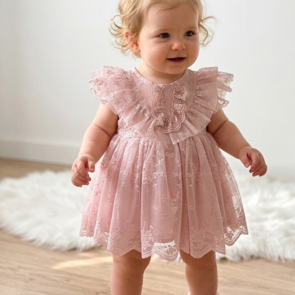 Yasemin 2 Dantel Detaylı Bayramlık Özel Gün Kız Çocuk Bebek Elbise