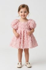 Rosa Güllü Kabarık Doğum Günü ve Özel Gün Kız Çocuk Bebek Elbisesi