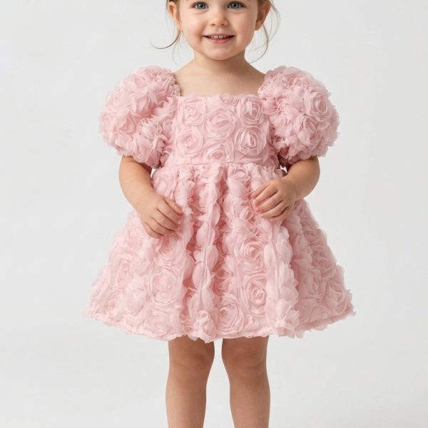 Rosa Güllü Kabarık Doğum Günü ve Özel Gün Kız Çocuk Bebek Elbisesi