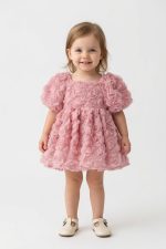 Rosa Güllü Kabarık Doğum Günü ve Özel Gün Kız Çocuk Bebek Elbisesi - Görsel 2