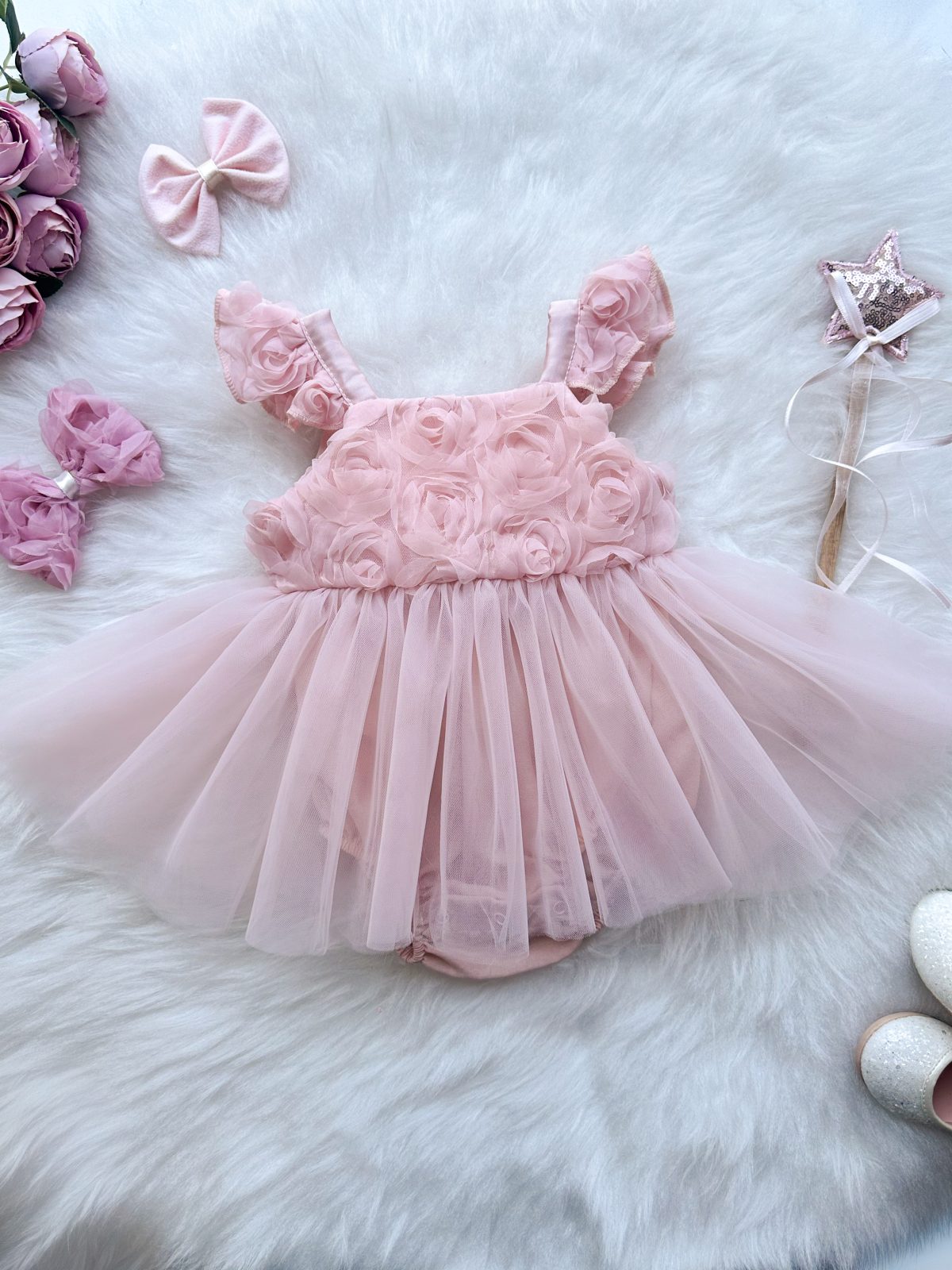 Bella Gül Detaylı Bayramlık Özel Gün Kız Çocuk Bebek Romper - Görsel 5