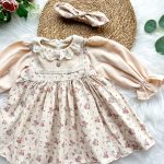 Çiçek Deseli Vintage Bayramlık Uzun Kollu Kız Çocuk Bebek Elbise
