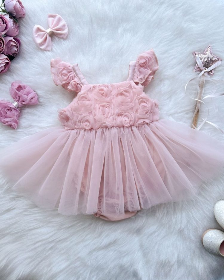 Bella Pudra Gül Detaylı Kız Çocuk Bebek Romper - Görsel 4