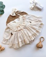 Cloe Vintage Dantel Yaka Fiyonk Detaylı Bayramlık Özel Gün Kız Bebek Romper - Görsel 4