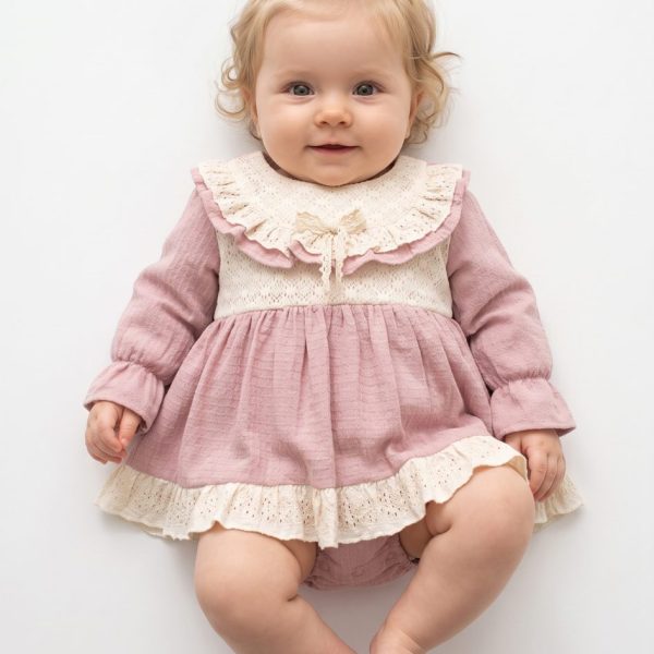 Cloe Vintage Dantel Yaka Fiyonk Detaylı Bayramlık Özel Gün Kız Bebek Romper