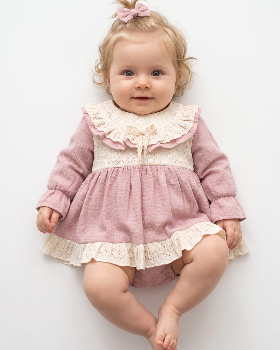 33333 Cloe Vintage Dantel Yaka Fiyonk Detaylı Bayramlık Özel Gün Kız Bebek Romper - Görsel 1
