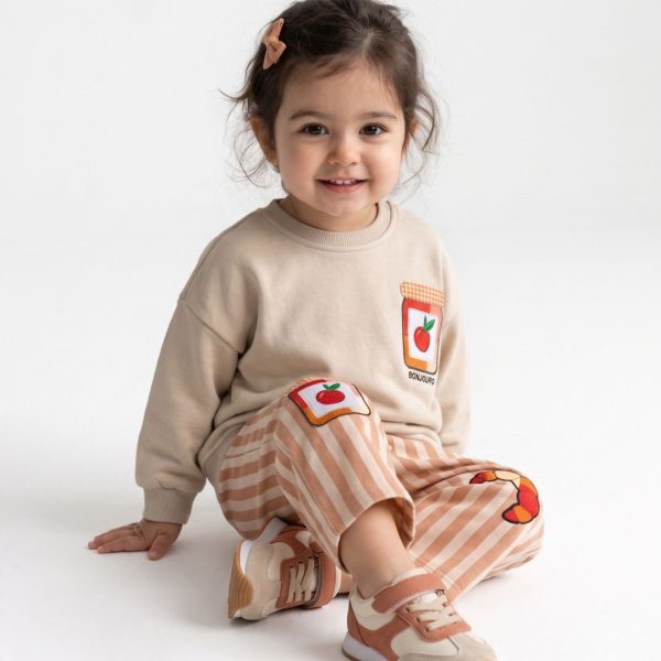 Kruvasan Figürlü Bej Sweatshirt Kız Çocuk Eşofman Takımı