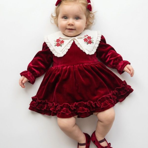 Cherry Bordo Kadife Seyyar Yaka Yılbaşı Özel Gün Bayramlık Kız Bebek Elbise