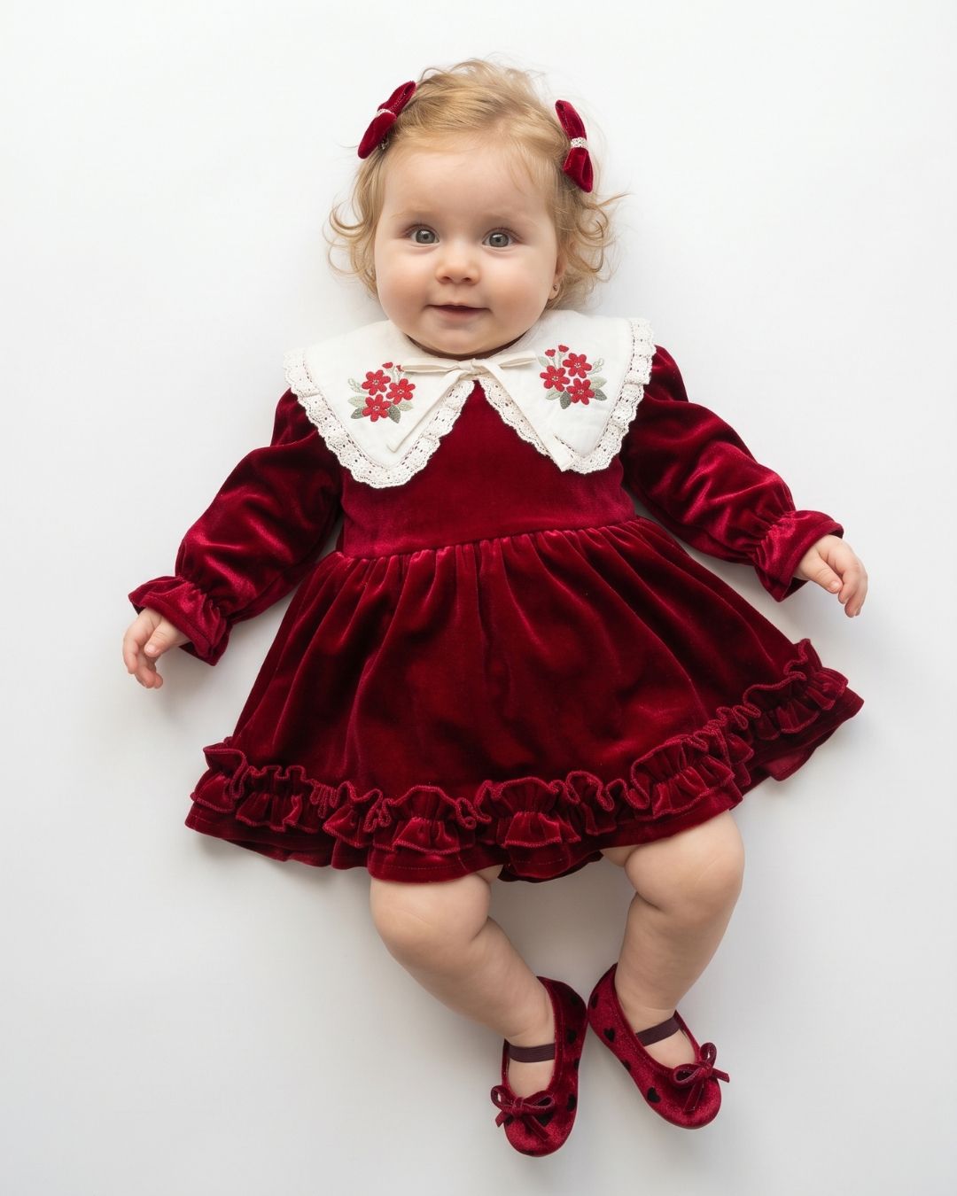5 Cherry Bordo Kadife Seyyar Yaka Yılbaşı Özel Gün Bayramlık Kız Bebek Elbise - Görsel 1