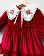Cherry Bordo Kadife Seyyar Yaka Yılbaşı Özel Gün Bayramlık Kız Bebek Elbise - Görsel 2