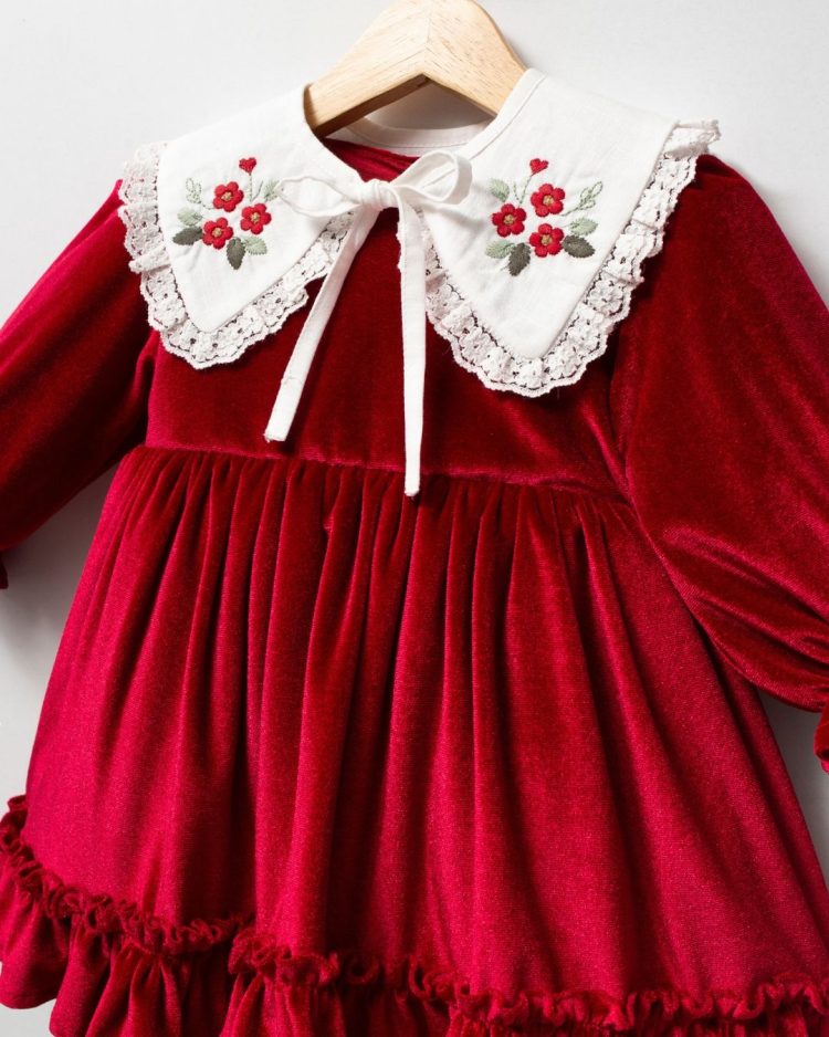 Cherry Bordo Kadife Seyyar Yaka Yılbaşı Özel Gün Bayramlık Kız Bebek Elbise - Görsel 2
