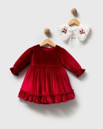Cherry Bordo Kadife Seyyar Yaka Yılbaşı Özel Gün Bayramlık Kız Bebek Elbise - Görsel 3