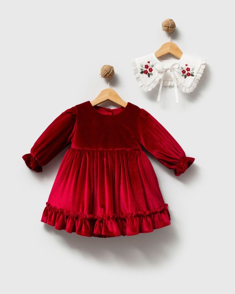 Cherry Bordo Kadife Seyyar Yaka Yılbaşı Özel Gün Bayramlık Kız Bebek Elbise - Görsel 3
