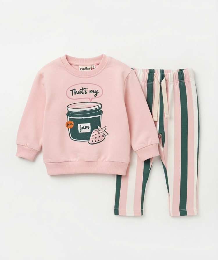 Çilek Reçeli Baskılı Sweatshirt ve Çizgili Eşofman Altı 2'li Takım - Görsel 3